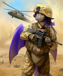 Size: 2145x2609 | Tagged: safe, artist:the-minuscule-task, oc, oc only, anthro, bat pony, anthro oc, assault rifle, bat pony oc, blood, body armor, carbine, clothes, combat armor, combat medic, fatigues, gloves, gun, helicopter, helmet, m4a1, medic, military, rifle, solo, uh-60 blackhawk, weapon