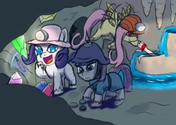 Size: 1920x1358 | Tagged: safe, artist:lizardwithhat, boulder (pet), fluttershy, maud pie, rarity, earth pony, pegasus, pony, unicorn, my little pony: pony life, cave, crystal, excited, female, hard hat, heart eyes, helmet, lamp, mare, olm, pickaxe, pickelhaube, rock, shadow, starry eyes, water, wingding eyes