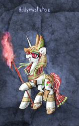 Size: 566x900 | Tagged: safe, artist:azimooth, oc, oc:holly mistletoe, pony, unicorn, female, fire, mare, solo