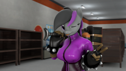Size: 1280x720 | Tagged: safe, artist:magnetvox, oc, oc only, anthro, earth pony, 3d, ;p, bodysuit, clothes, female, gloves, one eye closed, peace sign, pyro, solo, source filmmaker, suit, team fortress 2, tongue out, weapon, wink
