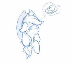 Size: 1034x893 | Tagged: safe, artist:ratofdrawn, applejack, earth pony, pony, bust, female, floppy ears, hoof on head, mare, monochrome, sad, solo