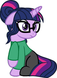 Size: 749x1024 | Tagged: safe, artist:osipush, edit, edited edit, editor:alelovescool, editor:trashmakeshappy, sci-twi, twilight sparkle, unicorn twilight, pony, unicorn, equestria girls, 1000 hours in ms paint, bad edit, clothes, clothes edit, equestria girls ponified, female, floppy ears, frown, glasses, green shirt, looking at something, mare, messy bun, pants, ponified, ponified humanized pony, raised hoof, raised leg, shirt, show accurate, simple background, sitting, solo, transparent background, unicorn sci-twi, vector, vector edit