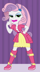 Size: 1000x1800 | Tagged: safe, artist:mashoart, sweetie belle, equestria girls, alternate hairstyle, boots, clothes, cutie mark hair accessory, eyeshadow, green eyes, hairpin, hairstyle swap, implied rarity, jewelry, lipstick, makeup, shoes, smeared lipstick, solo