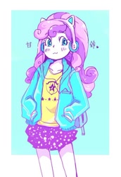 Size: 514x747 | Tagged: safe, artist:hobilo, sweetie belle, equestria girls, clothes, cute, diasweetes, female, hoodie, jacket, looking at you, miniskirt, pleated skirt, skirt, solo