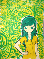 Size: 800x1066 | Tagged: safe, artist:laceymod, oc, oc:sunflower, human, clothes, female, human female, humanized, shirt, solo, traditional art