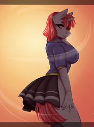 Size: 948x1280 | Tagged: safe, artist:cutejosuke, oc, oc only, anthro, pony, unicorn, clothes, female, pleated skirt, school uniform, schoolgirl, skirt, solo