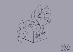 Size: 2100x1500 | Tagged: safe, artist:awesometheweirdo, oc, oc:blue moon, bat pony, pony, bat pony oc, bat wings, behaving like a cat, box, chest fluff, cute, digital art, ear tufts, fanfic, fanfic art, fangs, female, filly, if i fits i sits, lineart, pony in a box, solo, wings