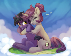 Size: 3036x2400 | Tagged: safe, artist:chibadeer, artist:taneysha, oc, oc only, oc:kara, oc:lavrushka, pony, unicorn, blushing, eyes closed, female, high res, hug, mare, sitting, smiling, underhoof