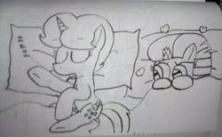 Size: 4728x2921 | Tagged: safe, artist:徐詩珮, fizzlepop berrytwist, spring rain, tempest shadow, pony, unicorn, broken horn, female, horn, lesbian, lineart, mare, shipping, sleeping, springshadow, traditional art