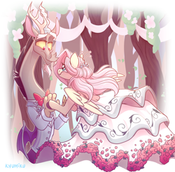 Size: 1282x1259 | Tagged: safe, artist:zlayd-oodles, discord, fluttershy, draconequus, pegasus, pony, bipedal, bowtie, clothes, cute, discoshy, dress, female, holding hands, holding hooves, looking at each other, male, mare, outdoors, shipping, smiling, spread wings, straight, suit, this ended well, wedding dress, wings