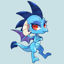 Size: 640x640 | Tagged: safe, artist:sibashen, princess ember, dragon, blue background, chibi, crossed arms, cute, dragoness, emberbetes, female, gray background, obtrusive watermark, simple background, slit eyes, solo, watermark
