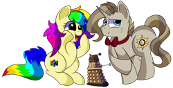 Size: 1280x649 | Tagged: safe, artist:rainbowtashie, doctor whooves, prince blueblood, oc, oc:rainbow tashie, oc:royal minutes, earth pony, unicorn, bowtie, commissioner:bigonionbean, cutie mark, dalek, doctor who, fusion, fusion:royal minutes, male, nintendo 64, simple background, stallion, toy, transparent background, writer:bigonionbean