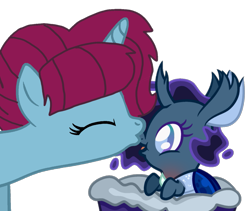 Size: 1279x1080 | Tagged: safe, alternate version, artist:徐詩珮, oc, oc:spring grezt, pony, unicorn, baby, female, kissing, magical lesbian spawn, mare, offspring, parent:spring rain, parent:tempest shadow, parents:springshadow