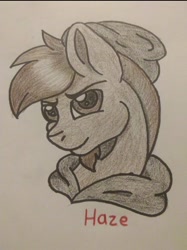 Size: 750x1002 | Tagged: safe, artist:hellasketchy42, oc, oc:haze, pony, bust, male, monochrome, portrait, solo, stallion, traditional art