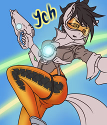 Size: 1200x1400 | Tagged: safe, artist:derpifecalus, anthro, auction, commission, fanart, female, overwatch, sketch, tail, tracer, weapon, your character here