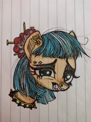 Size: 3456x4608 | Tagged: safe, artist:sharpi, coco pommel, earth pony, pony, collar, ear piercing, eyebrow piercing, eyeshadow, fangs, female, hair ornament, lined paper, looking at you, makeup, mare, nose piercing, nose ring, piercing, solo, spiked collar, traditional art