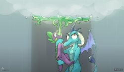 Size: 5120x3000 | Tagged: safe, artist:difis, princess ember, spike, dragon, behaving like a weapon, dragoness, female, fire, fire breath, flamethrower, flamethrower spike, male, rain