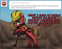 Size: 1009x800 | Tagged: safe, artist:hewison, oc, oc:pun, earth pony, pony, ask, ask pun, female, hard hat, mare, shovel, solo