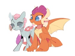 Size: 1024x771 | Tagged: safe, artist:poneko-chan, ocellus, smolder, butterfly, changedling, changeling, dragon, blushing, butterfly on nose, cute, diaocelles, dragoness, female, insect on nose, simple background, smolderbetes, white background