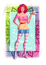 Size: 2480x3507 | Tagged: safe, artist:minamikoboyasy, pinkie pie, human, bare shoulders, breasts, cleavage, clothes, converse, cupcake, dress, female, food, humanized, one eye closed, rainbow cupcake, shoes, socks, solo, striped socks, wink