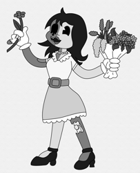 Size: 1586x1955 | Tagged: safe, artist:chili19, oc, oc only, oc:olivia sky, human, undead, zombie, bouquet, clothes, dress, female, flower, gloves, gray background, grayscale, high heels, humanized, monochrome, pacman eyes, shoes, simple background, solo