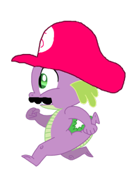 Size: 786x1016 | Tagged: artist needed, safe, edit, editor:undeadponysoldier, spike, dragon, clothes, cosplay, costume, facial hair, male, mario hat, moustache, running, scared, simple background, solo, super mario bros., transparent background, vector, vector edit