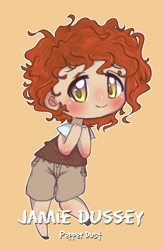 Size: 748x1145 | Tagged: safe, artist:sinamuna, oc, oc only, oc:jamie dussey, oc:pepper dust, human, au:equuis, blushing, chibi, clothes, curly hair, golden eyes, humanized, male, messy hair, orange hair, personification, purple eyes, red hair, redhead, schoolboy, shorts, shy, smiling, sweater vest, trap