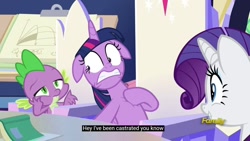 Size: 1280x720 | Tagged: safe, derpibooru import, edit, edited screencap, screencap, rarity, spike, twilight sparkle, twilight sparkle (alicorn), alicorn, dragon, pony, unicorn, sparkle's seven, book, caption, cutie map, discovery family logo, floppy ears, implied castration, meme, youtube caption