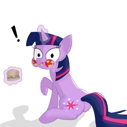 Size: 3491x3491 | Tagged: safe, artist:postnoxious, twilight sparkle, burger, caught, eating, food, hay burger, looking at you, magic, sitting, surprised, twilight burgkle