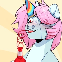 Size: 1065x1077 | Tagged: safe, artist:xcolorblisssketchx, oc, oc:scoops, pony, unicorn, coat markings, drinking, drunk, female, hat, mare, party hat, solo, tongue out, vodka cruiser