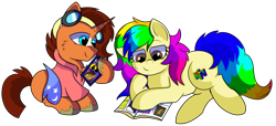 Size: 1280x586 | Tagged: safe, artist:rainbowtashie, full steam, promontory, sunburst, oc, oc:nova reactor, oc:rainbow tashie, earth pony, pony, unicorn, clothes, comic book, commissioner:bigonionbean, cutie mark, fusion, fusion:nova reactor, goggles, reading, simple background, transparent background, writer:bigonionbean