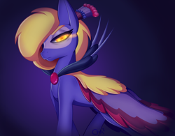 Size: 4000x3125 | Tagged: safe, artist:cha-squared, oc, oc:precious feather, pony, alternate color palette, dark background, female, glowing eyes, jewelry, looking at you, orange eyes, peacock pony, simple background, solo