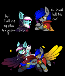 Size: 3000x3500 | Tagged: safe, artist:llhopell, oc, oc:hope(llhopell), oc:soffy, earth pony, pegasus, pony, clothes, cosplay, costume, crying, feather, hoffy, league of legends, rakan, shipping, simple background, xayah