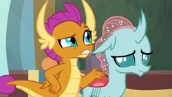 Size: 1920x1080 | Tagged: safe, screencap, ocellus, smolder, changedling, changeling, dragon, 2 4 6 greaaat, claws, duo, fangs, folded wings, frown, hand on hip, horns, looking up, raised eyebrow, teenaged dragon, teenager, wings