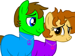 Size: 932x699 | Tagged: safe, artist:angrybeavers1997, oc, oc only, oc:aspen, oc:ryan, earth pony, bodysuit, catsuit, couple, female, hippie, holiday, jewelry, latex, latex suit, looking at each other, male, necklace, peace suit, peace symbol, romantic, rubber suit, simple background, straight, transformation, transparent background, valentine's day