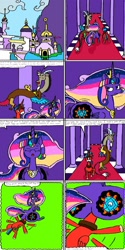 Size: 1600x3200 | Tagged: safe, artist:eternaljonathan, discord, oc, oc:prince hunk, oc:princess universe, alicorn, draconequus, pony, comic:super party fusion, alicorn oc, alicorn princess, angry, butt, butt slam, canterlot, canterlot castle, comic, commissioner:bigonionbean, cutie mark, dat ass was fat, dialogue, female, flashback, floating, frustrated, fusion, fusion:prince hunk, fusion:princess universe, irritated, jewelry, jiggle, male, mare, panicking, plot, regalia, snorting, stallion, suffocating, teasing, thicc ass, thought bubble, torture, trotting, writer:bigonionbean
