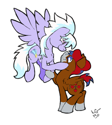 Size: 1300x1448 | Tagged: safe, artist:lucas_gaxiola, cloudchaser, oc, pegasus, pony, canon x oc, duo, flying, looking at each other, male, signature, simple background, smiling, socks (coat marking), stallion, white background