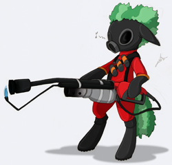 Size: 720x690 | Tagged: safe, artist:ravenpuff, oc, oc only, oc:atjour service, earth pony, pony, bipedal, clothes, costume, crossover, earth pony oc, female, flamethrower, gas mask, mare, mask, music notes, pyro, solo, team fortress 2, weapon