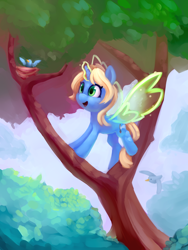 Size: 3000x4000 | Tagged: safe, artist:lilfunkman, oc, oc only, oc:art's desire, bird, pony, unicorn, artificial wings, augmented, female, magic, magic aura, magic wings, mare, solo, tree, wings