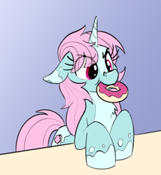 Size: 403x438 | Tagged: safe, artist:anontheanon, oc, oc only, oc:scoops, pony, unicorn, bipedal, bipedal leaning, coat markings, donut, eye clipping through hair, floppy ears, food, leaning, mouth hold, pale belly, solo