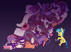 Size: 3852x2850 | Tagged: safe, artist:lilfunkman, derpibooru import, rarity, twilight sparkle, twilight sparkle (alicorn), oc, oc:ducky ink, alicorn, pony, snake, sphinx, unicorn, big crown thingy, book, bottle, button, candle, chair, clock, cover art, element of magic, fanfic art, gem, glasses, hat, helmet, inkwell, jewelry, key, lamp, mannequin, mask, needle, pillow, quill, regalia, scissors, scroll, sewing machine, sewing needle, sword, telephone, thread, train, typewriter, weapon, wizard hat