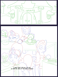 Size: 6000x8000 | Tagged: safe, artist:chedx, cookie crumbles, mane allgood, stellar flare, stormy flare, earth pony, pegasus, pony, unicorn, comic:the other grandparents, baking, carousel boutique, clothes, comic, commissioner:bigonionbean, cooking, dialogue, female, kitchen, magic, mare, sketch, sketch dump, stove, table, writer:bigonionbean