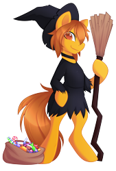 Size: 3068x4531 | Tagged: safe, artist:scarlet-spectrum, oc, oc only, oc:zip circuit, earth pony, pony, bag, bipedal, broom, candy, clothes, collar, crossdressing, food, halloween, hat, holiday, looking at you, male, simple background, smiling, solo, stallion, transparent background, witch, witch costume, witch hat