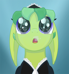 Size: 740x788 | Tagged: safe, artist:ravenpuff, oc, oc:atjour service, oc:black egg, oc:white snow, earth pony, pony, :o, bust, clothes, conjoined, conjoined twins, eye reflection, female, gradient background, grin, maid, maid headdress, mare, open mouth, reflection, shocked, smiling