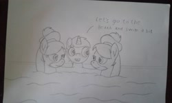 Size: 2560x1536 | Tagged: safe, artist:peternators, oc, oc:heroic armour, kelpie, pony, unicorn, bramble (duck tales), briar (duck tales), female, hat, male, monochrome, sketch, swimming pool, text, traditional art, water, wet mane