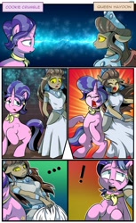 Size: 1280x2094 | Tagged: safe, artist:candyclumsy, cookie crumbles, queen haydon, oc, anthro, gargoyle, pony, unicorn, anthro oc, clothes, comic, confused, dress, embarrassed, female, forced, fusion, magic, mare, merging, shocked