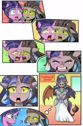 Size: 1280x1949 | Tagged: safe, artist:candyclumsy, artist:multi-commer, cookie crumbles, queen haydon, oc, oc:furnace crisp, anthro, gargoyle, pony, unicorn, spoiler:comic, anthro oc, clothes, comic, confused, crying, dress, embarrassed, female, forced, fusion, fusion:furnace crisp, jewelry, magic, merging, regalia, shocked, thought bubble