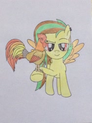 Size: 2448x3264 | Tagged: safe, artist:don2602, oc, oc:mango island, bird, pegasus, pony, rooster, chinese new year, ear piercing, front view, looking at you, piercing, smiling, smirk, solo, traditional art