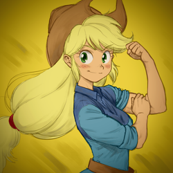 Size: 900x900 | Tagged: dead source, safe, artist:kosukegawa, color edit, edit, applejack, equestria girls, beautiful, blushing, colored, cute, female, flexing, gradient background, hat, international women's day, jackabetes, looking at you, rosie the riveter, solo, we can do it!