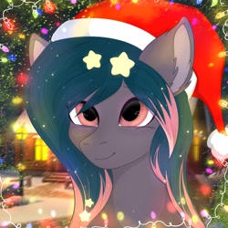 Size: 2160x2160 | Tagged: safe, artist:bellfa, oc, oc only, oc:star universe, pony, christmas, christmas lights, ethereal mane, female, garland, happy, hat, holiday, mare, new year, santa hat, smiling, starry mane, ych result